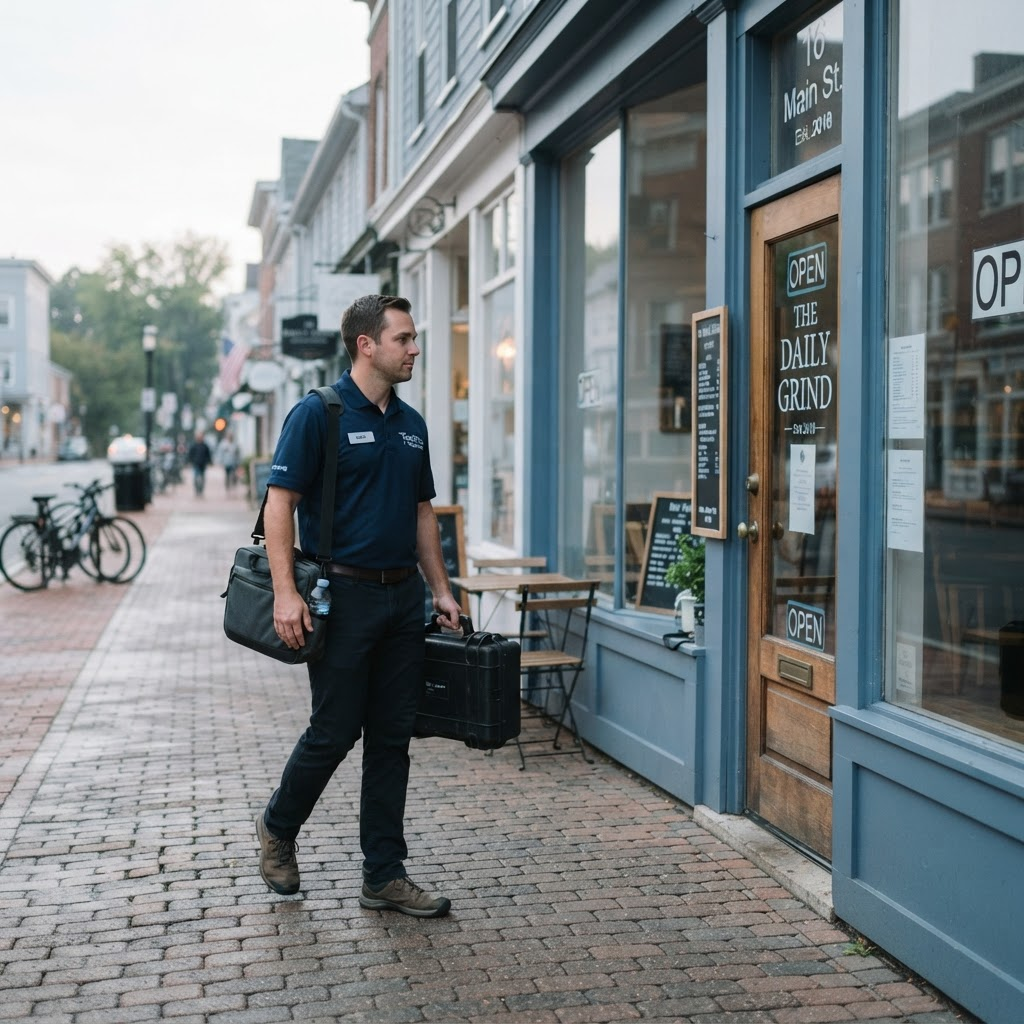 On-Site Technical Services technician arriving at a local business with tools
